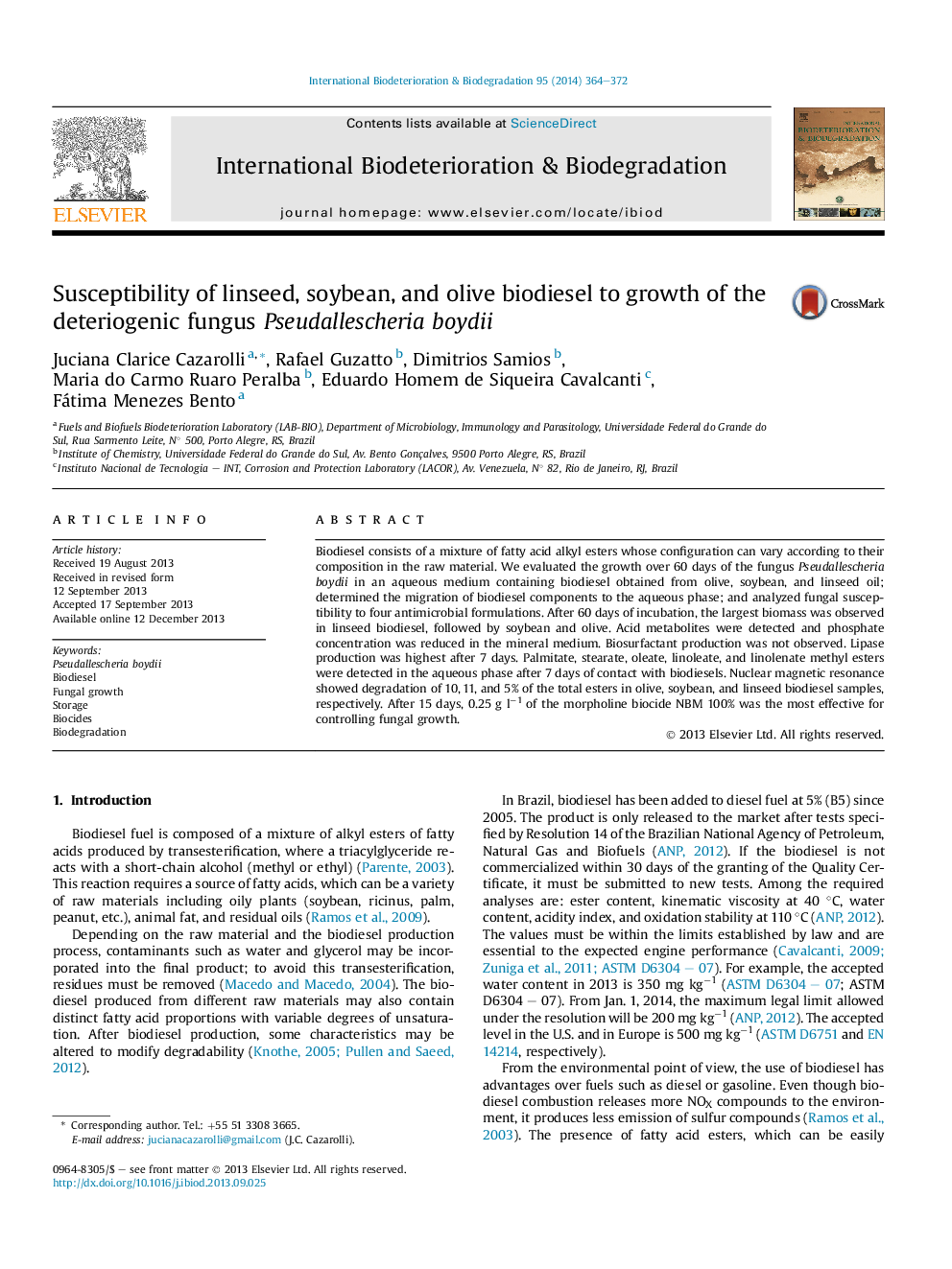 Susceptibility of linseed, soybean, and olive biodiesel to growth of the deteriogenic fungus Pseudallescheria boydii