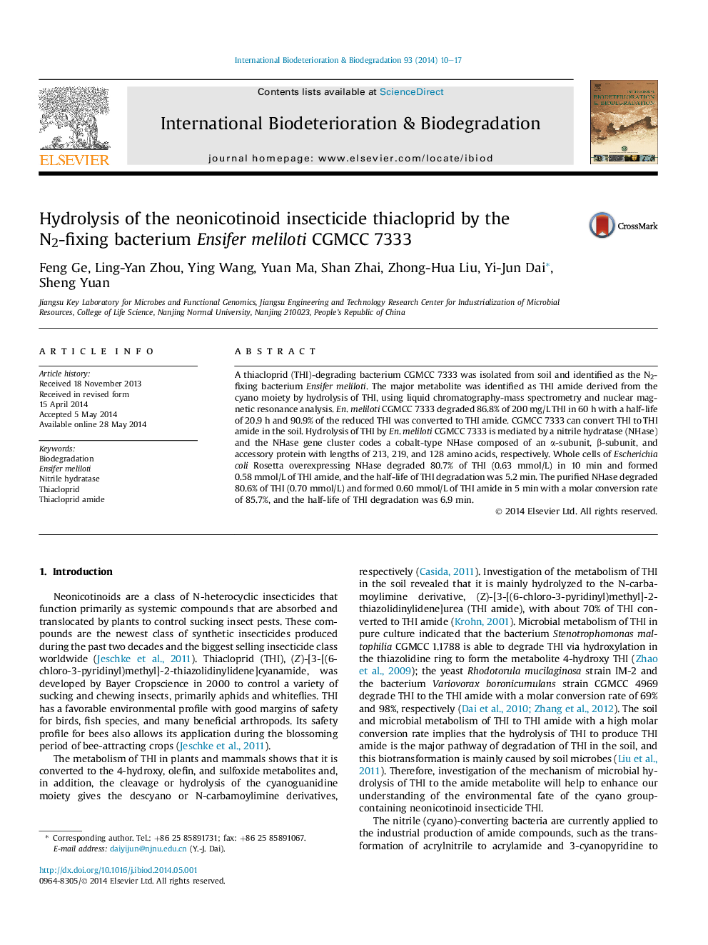 Hydrolysis of the neonicotinoid insecticide thiacloprid by the N2-fixing bacterium Ensifer meliloti CGMCC 7333