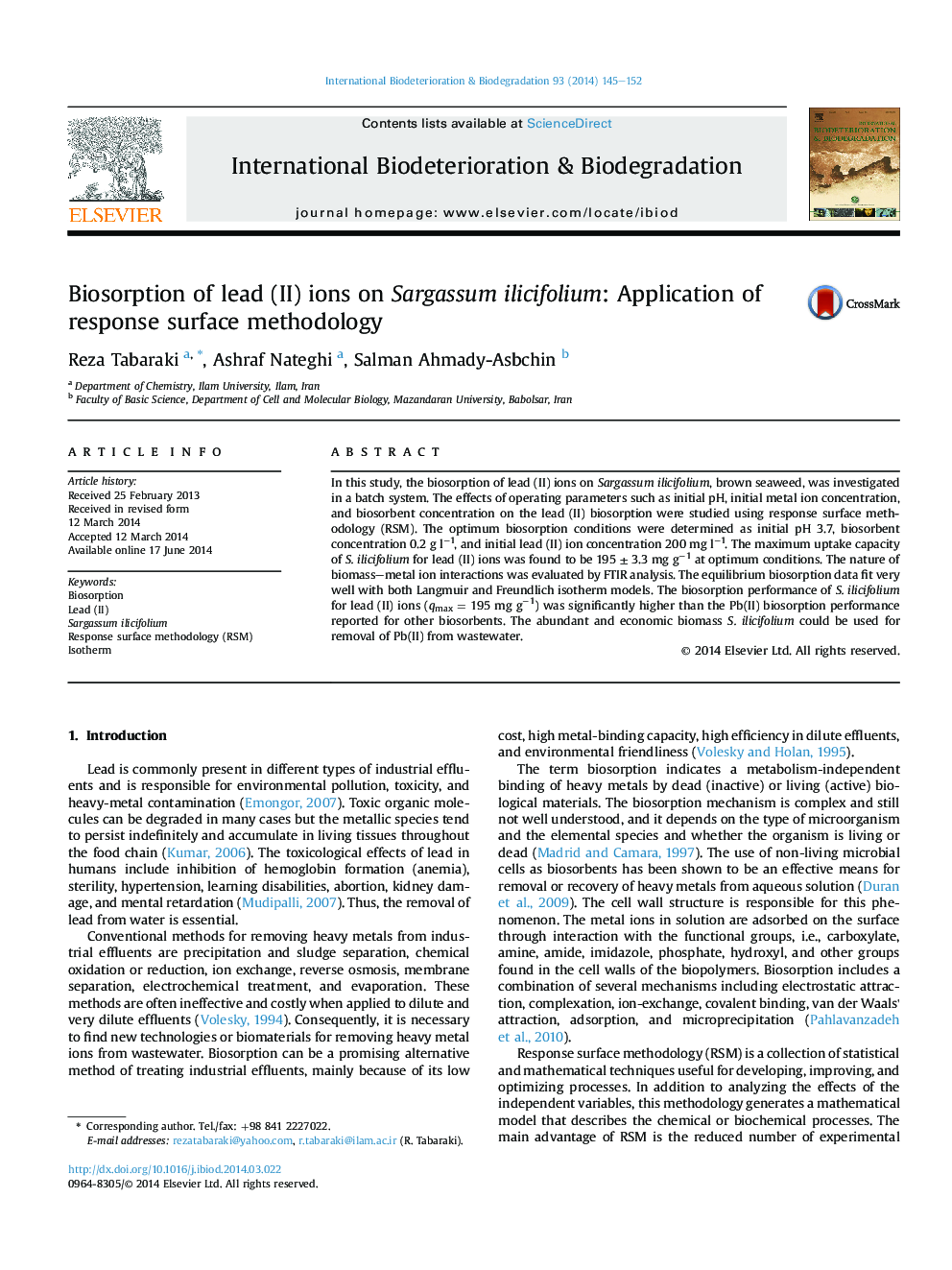 Biosorption of lead (II) ions on Sargassum ilicifolium: Application of response surface methodology