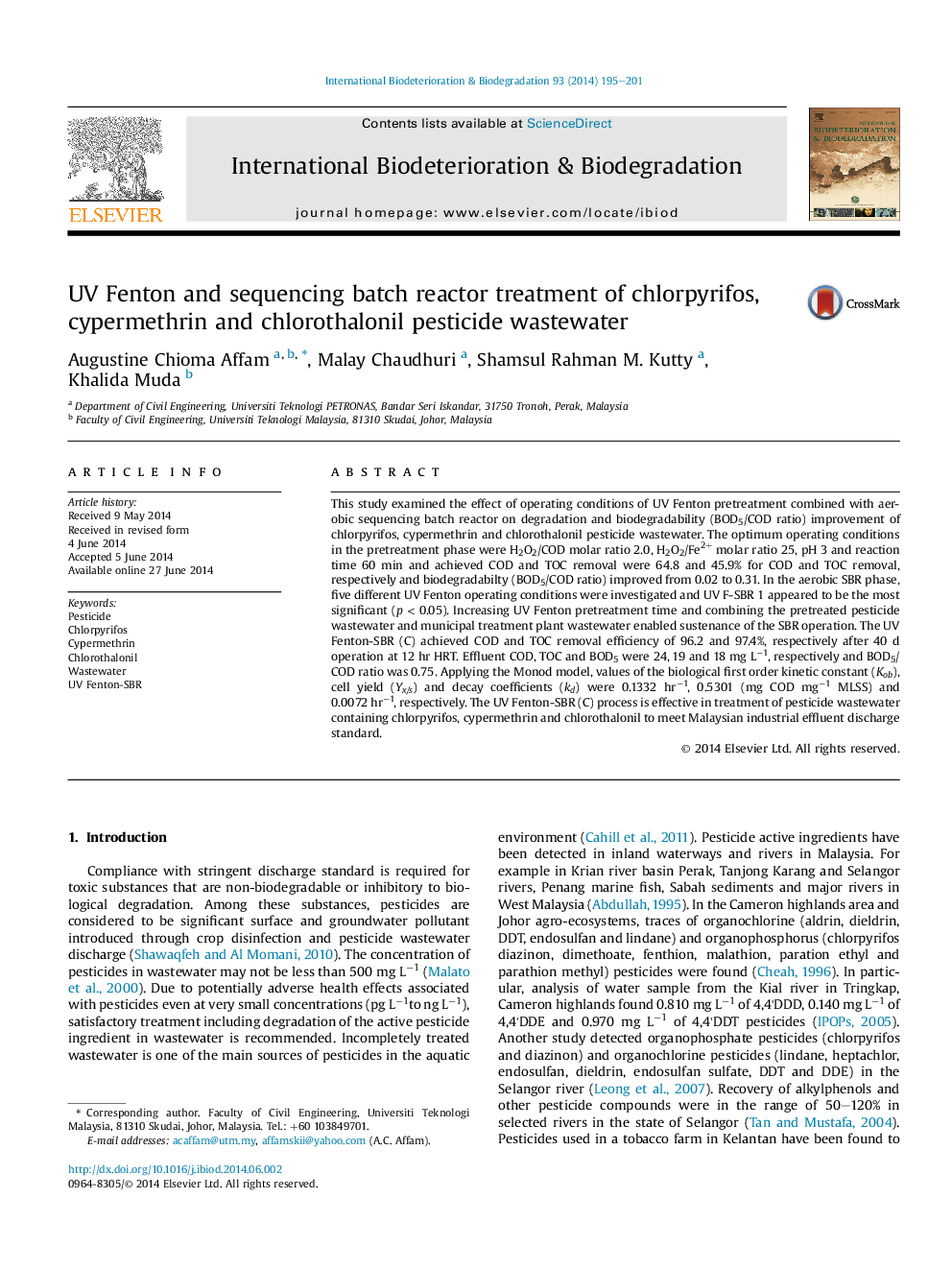 UV Fenton and sequencing batch reactor treatment of chlorpyrifos, cypermethrin and chlorothalonil pesticide wastewater