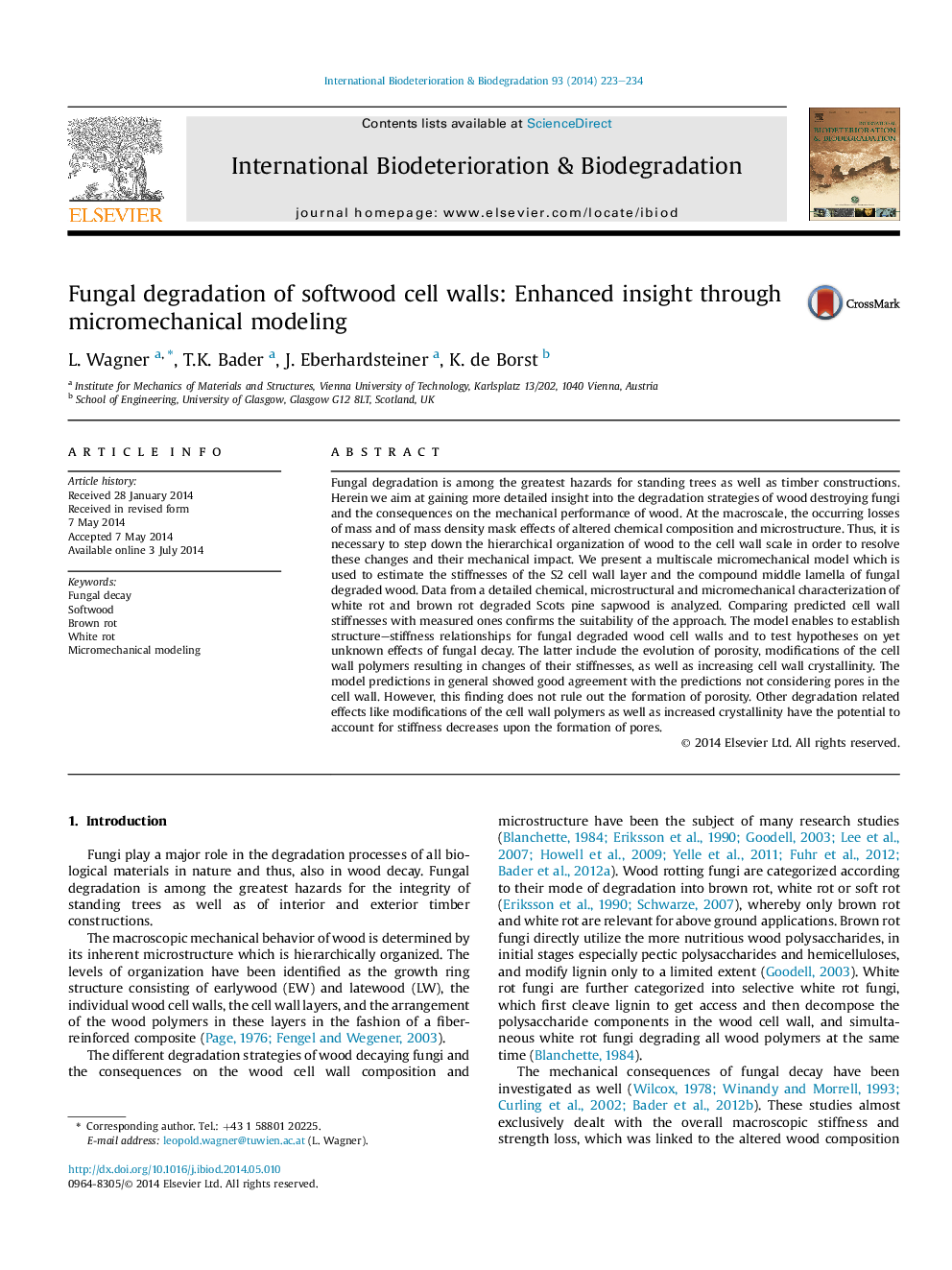 Fungal degradation of softwood cell walls: Enhanced insight through micromechanical modeling