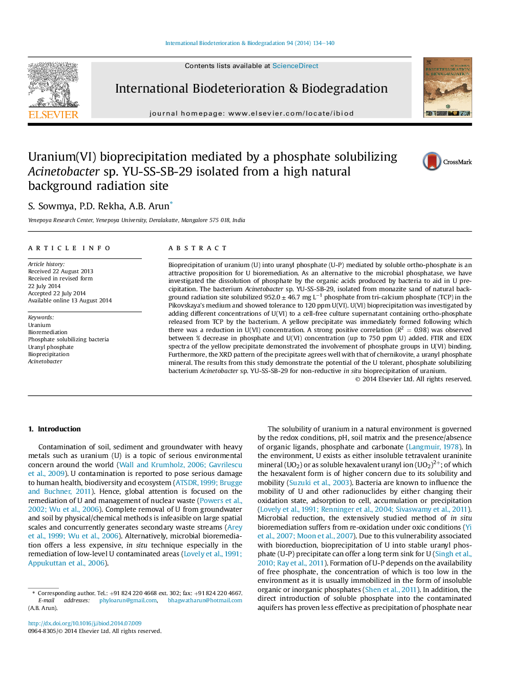 Uranium(VI) bioprecipitation mediated by a phosphate solubilizing Acinetobacter sp. YU-SS-SB-29 isolated from a high natural background radiation site