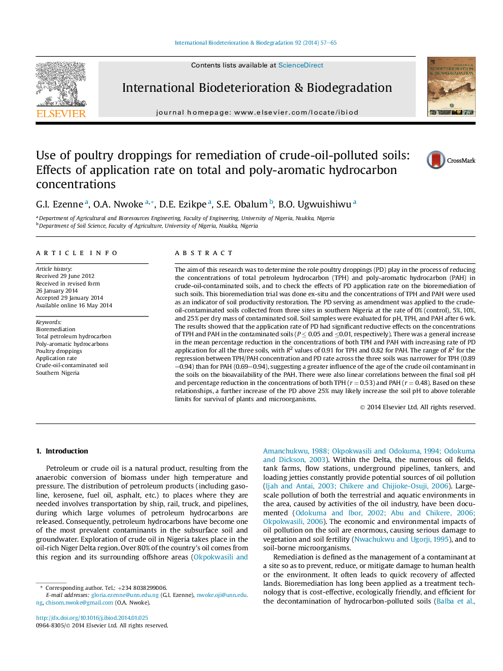 Use of poultry droppings for remediation of crude-oil-polluted soils: Effects of application rate on total and poly-aromatic hydrocarbon concentrations