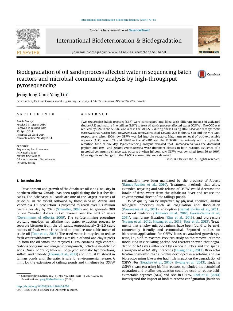 Biodegradation of oil sands process affected water in sequencing batch reactors and microbial community analysis by high-throughput pyrosequencing