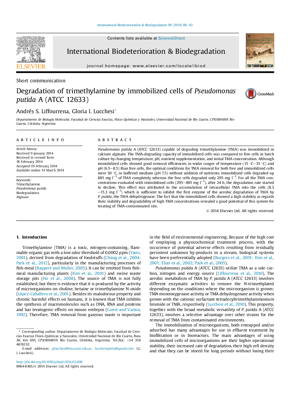 Degradation of trimethylamine by immobilized cells of Pseudomonas putida A (ATCC 12633)