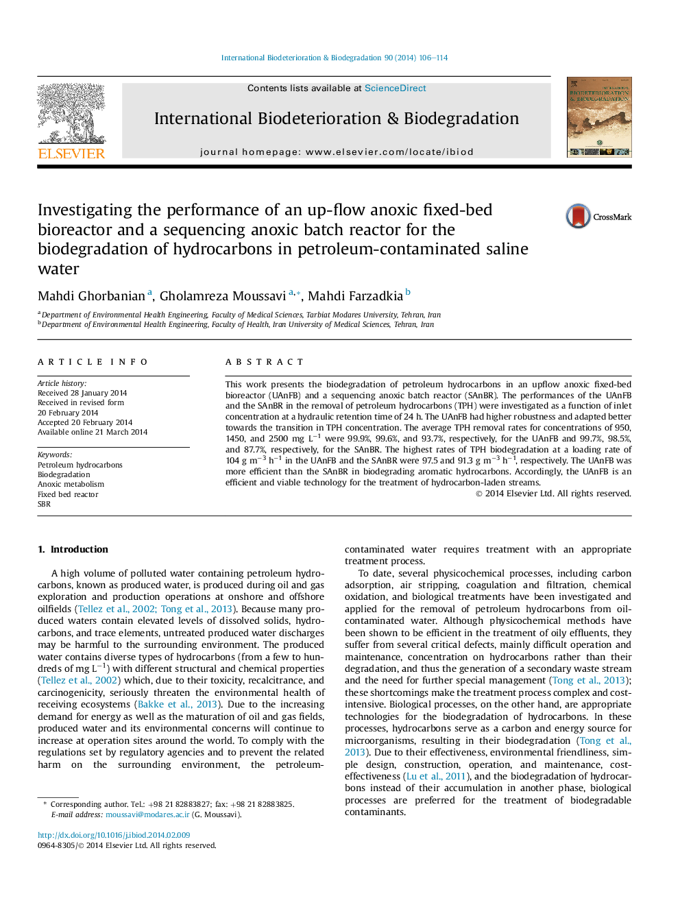 Investigating the performance of an up-flow anoxic fixed-bed bioreactor and a sequencing anoxic batch reactor for the biodegradation of hydrocarbons in petroleum-contaminated saline water