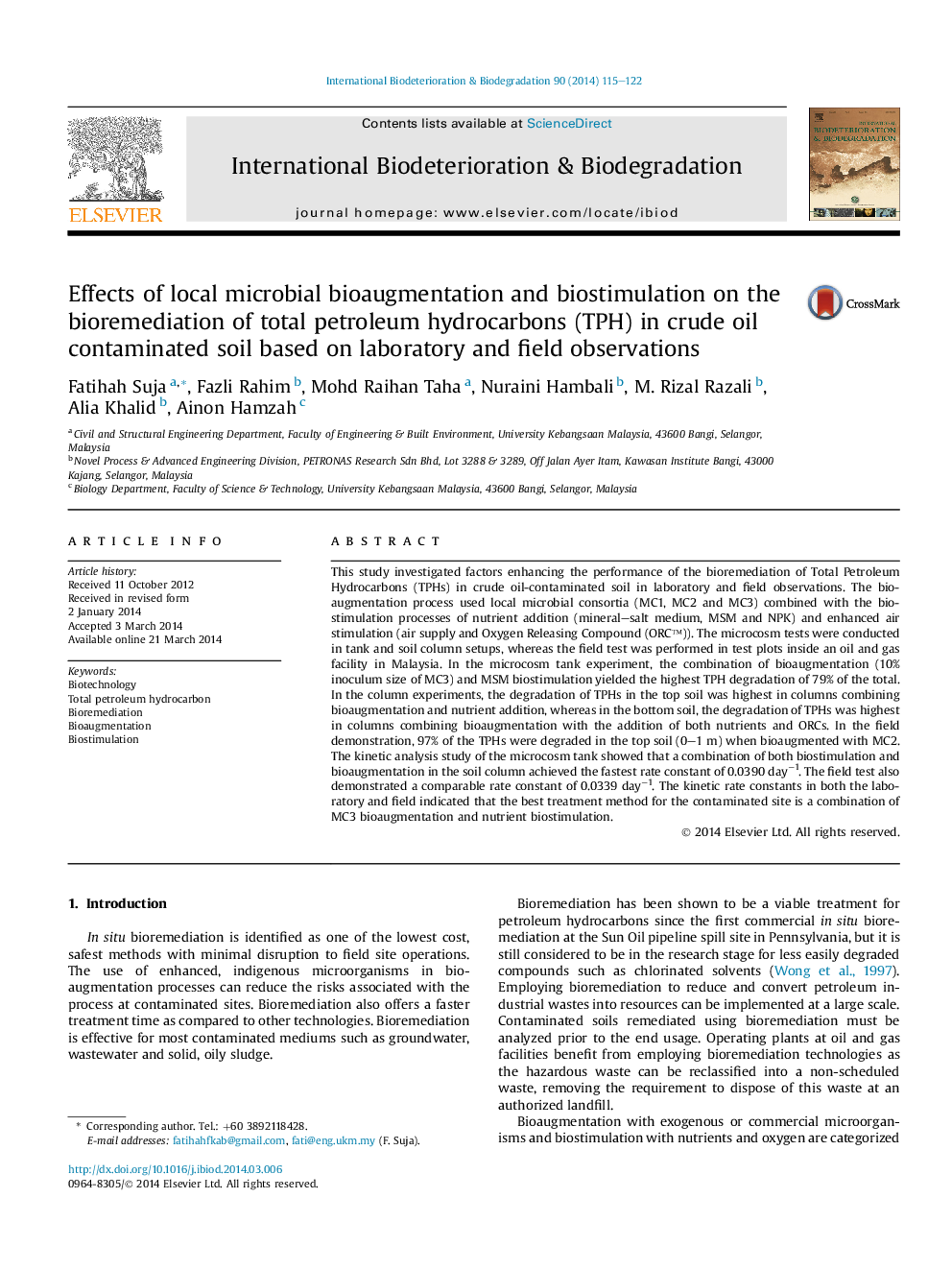 Effects of local microbial bioaugmentation and biostimulation on the bioremediation of total petroleum hydrocarbons (TPH) in crude oil contaminated soil based on laboratory and field observations