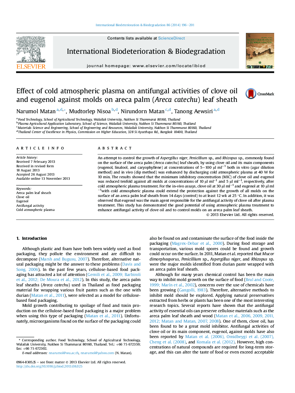 Effect of cold atmospheric plasma on antifungal activities of clove oil and eugenol against molds on areca palm (Areca catechu) leaf sheath