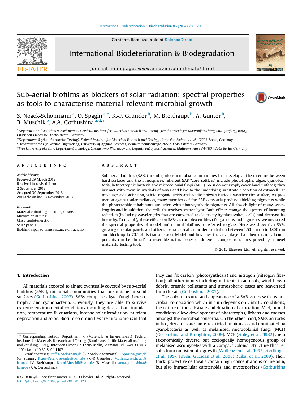 Sub-aerial biofilms as blockers of solar radiation: spectral properties as tools to characterise material-relevant microbial growth