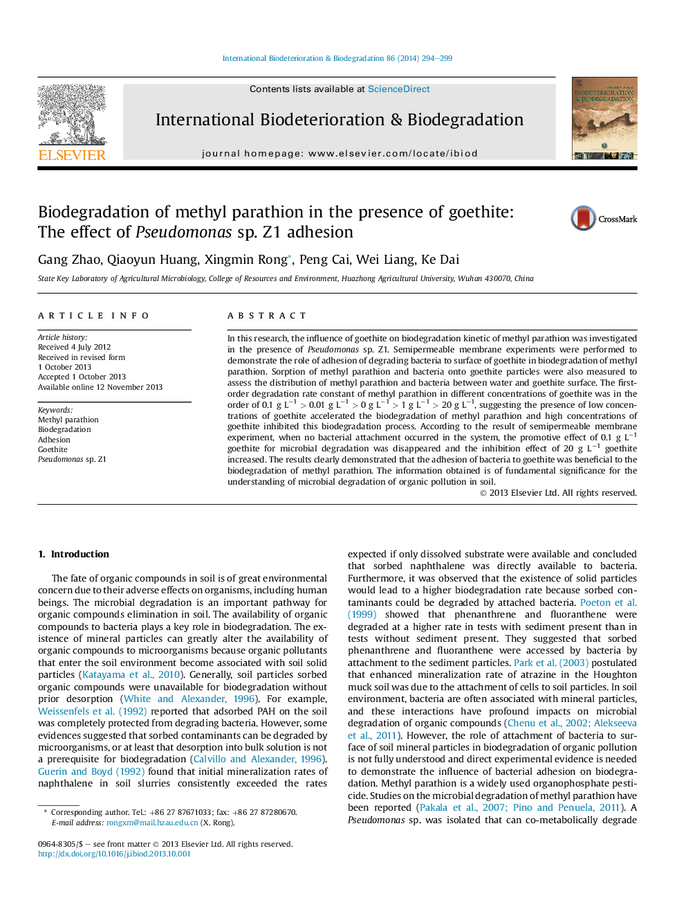 Biodegradation of methyl parathion in the presence of goethite: The effect of Pseudomonas sp. Z1 adhesion