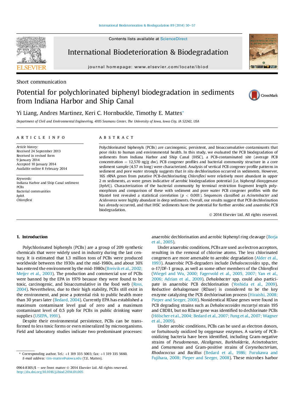 Potential for polychlorinated biphenyl biodegradation in sediments from Indiana Harbor and Ship Canal