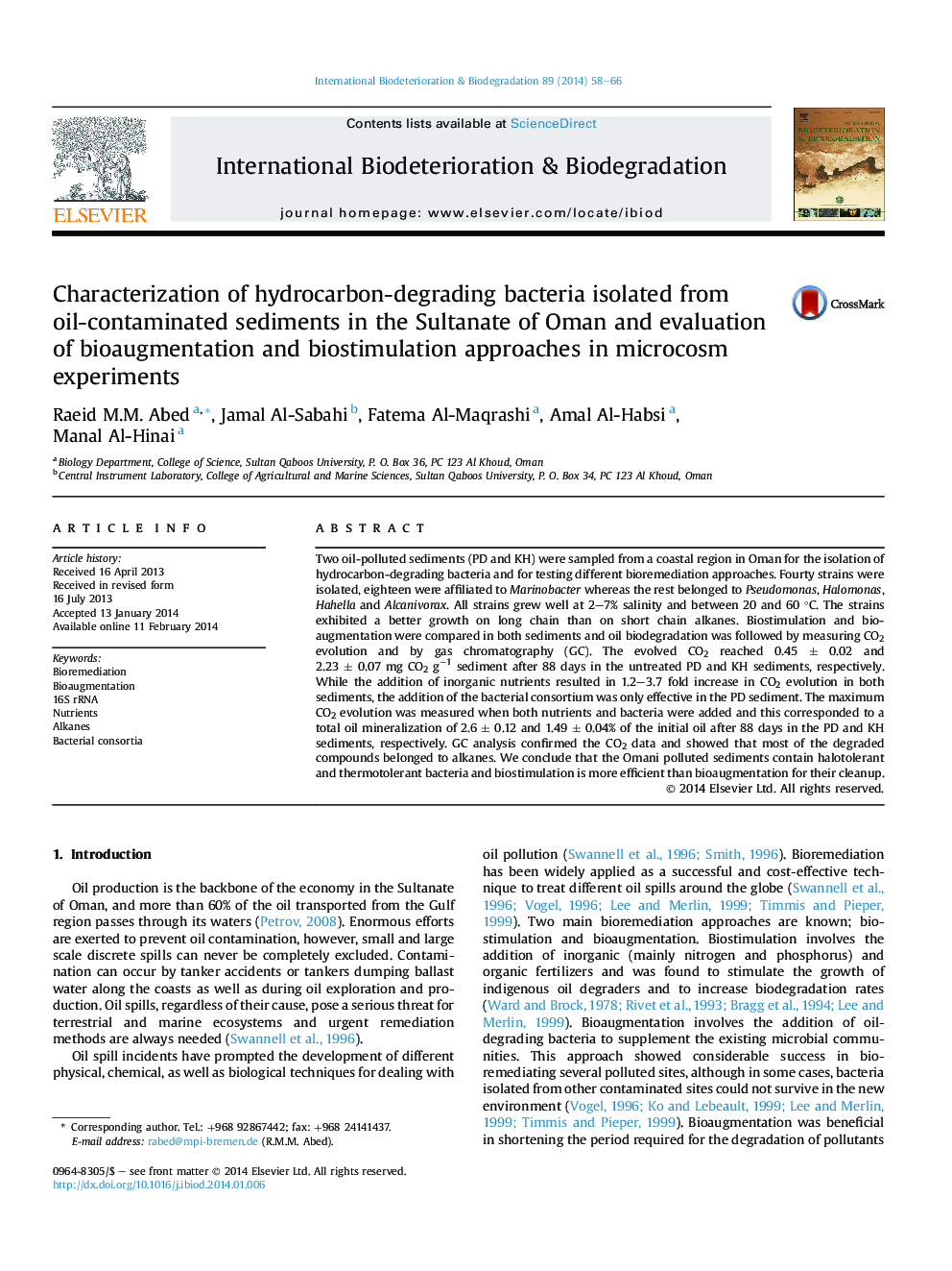 Characterization of hydrocarbon-degrading bacteria isolated from oil-contaminated sediments in the Sultanate of Oman and evaluation of bioaugmentation and biostimulation approaches in microcosm experiments