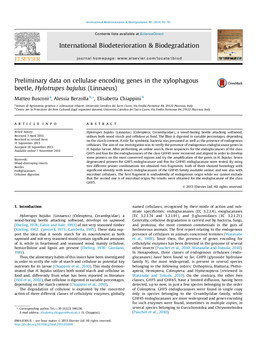 Preliminary data on cellulase encoding genes in the xylophagous beetle, Hylotrupes bajulus (Linnaeus)