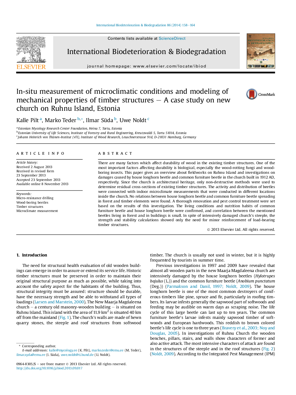 In-situ measurement of microclimatic conditions and modeling of mechanical properties of timber structures – A case study on new church on Ruhnu Island, Estonia