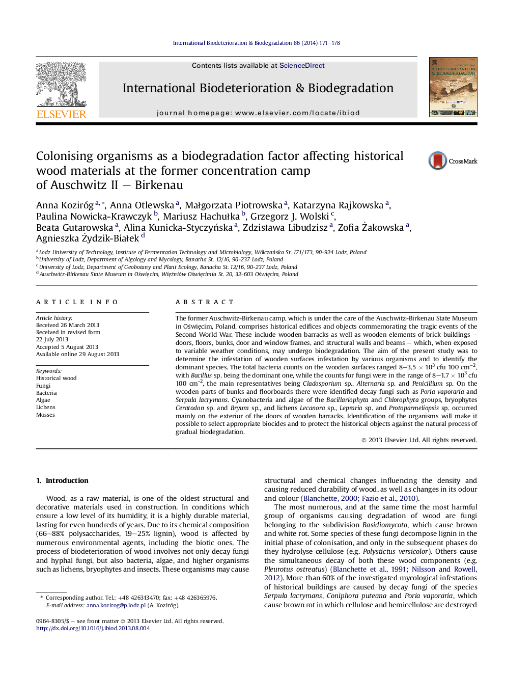 Colonising organisms as a biodegradation factor affecting historical wood materials at the former concentration camp of Auschwitz II – Birkenau