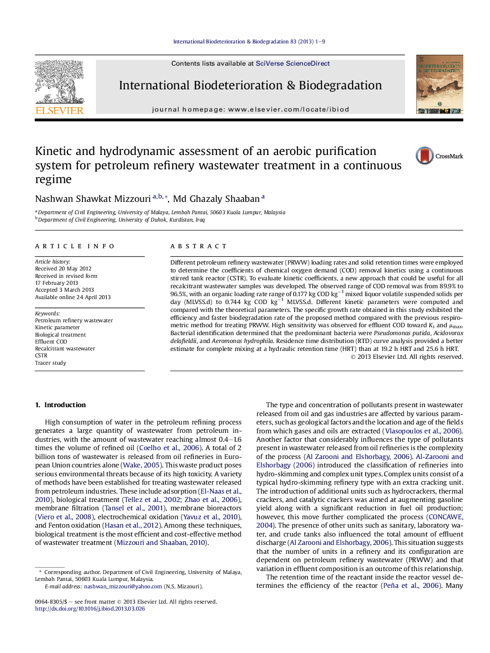 Kinetic and hydrodynamic assessment of an aerobic purification system for petroleum refinery wastewater treatment in a continuous regime