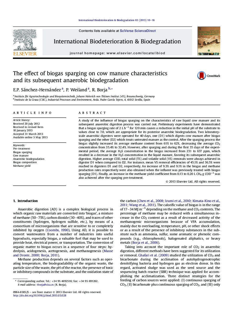 The effect of biogas sparging on cow manure characteristics and its subsequent anaerobic biodegradation