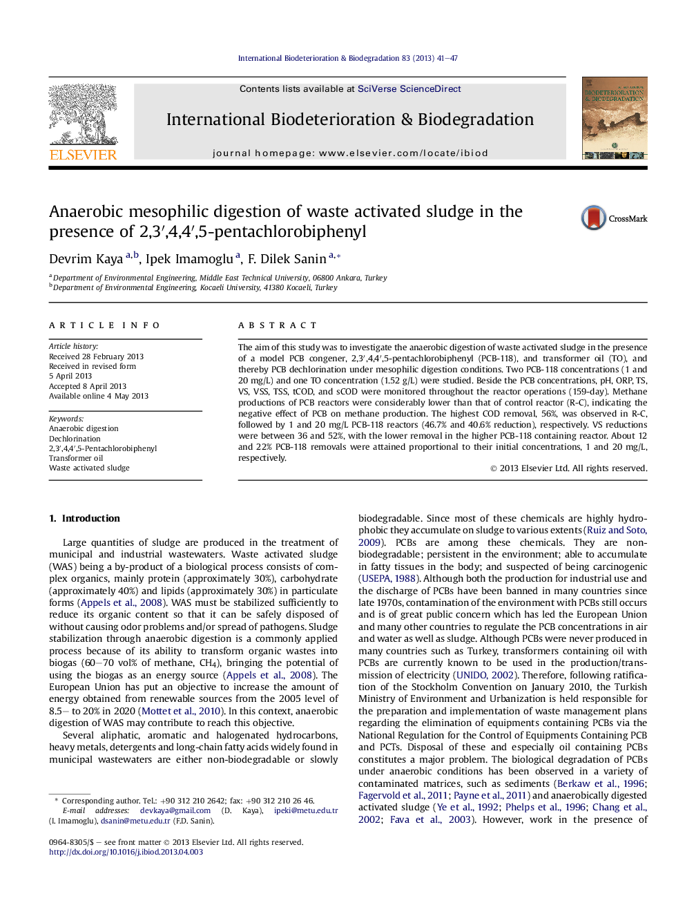 Anaerobic mesophilic digestion of waste activated sludge in the presence of 2,3′,4,4′,5-pentachlorobiphenyl