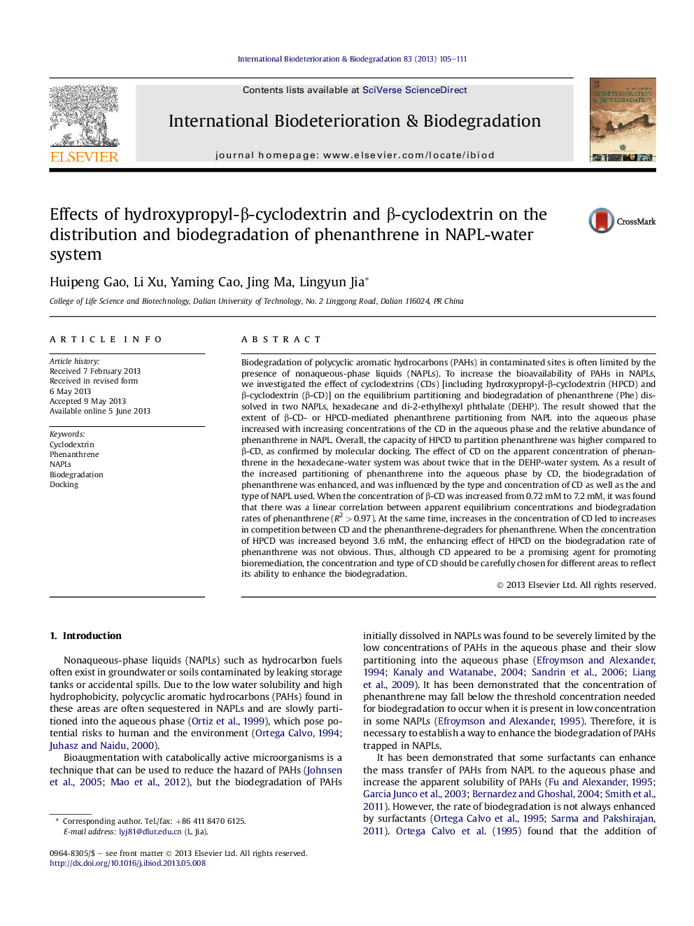 Effects of hydroxypropyl-β-cyclodextrin and β-cyclodextrin on the distribution and biodegradation of phenanthrene in NAPL-water system