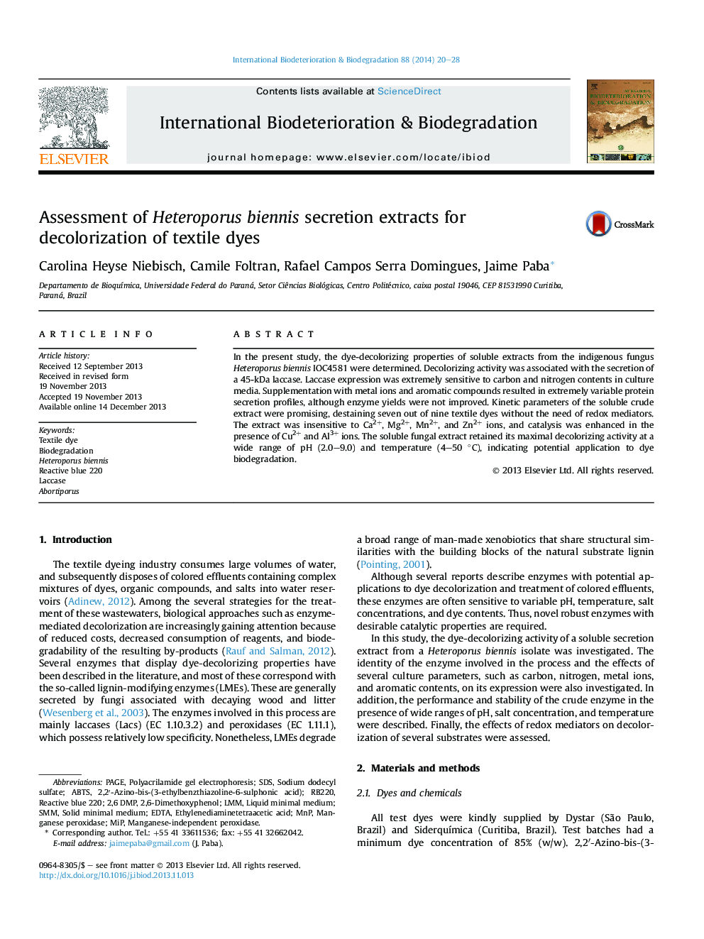 Assessment of Heteroporus biennis secretion extracts for decolorization of textile dyes