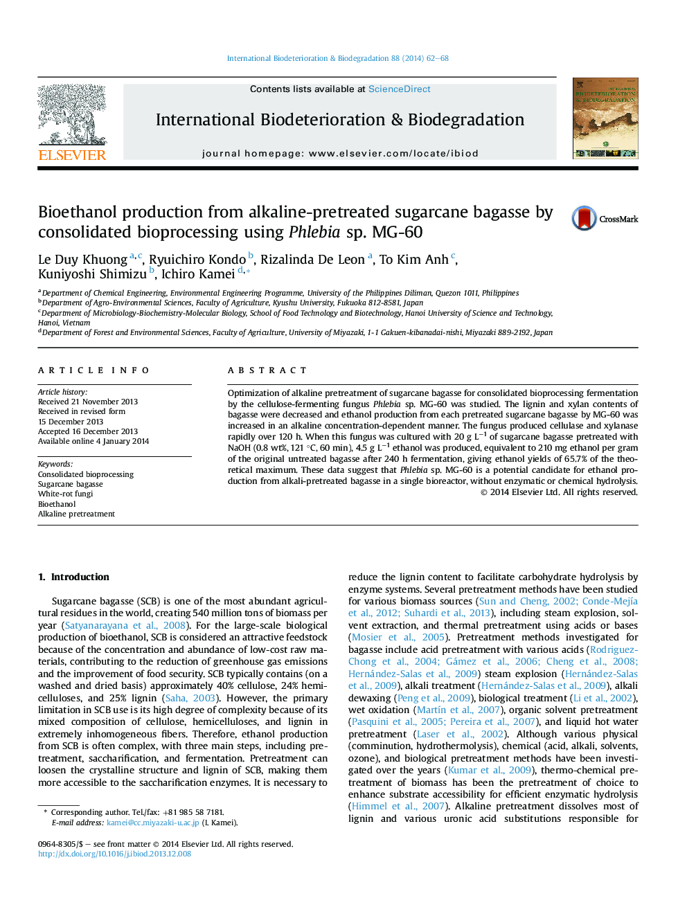 Bioethanol production from alkaline-pretreated sugarcane bagasse by consolidated bioprocessing using Phlebia sp. MG-60