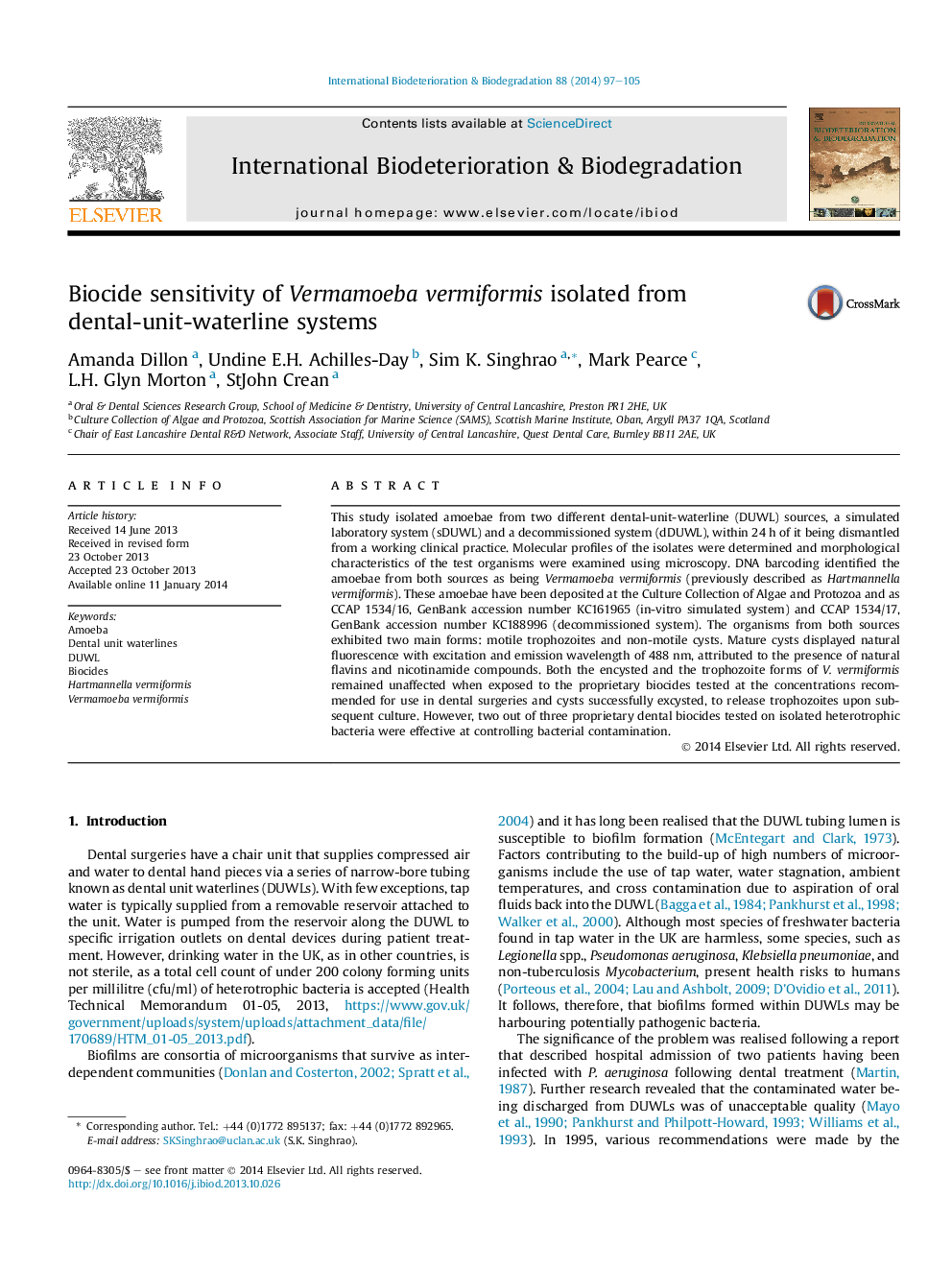 Biocide sensitivity of Vermamoeba vermiformis isolated from dental-unit-waterline systems