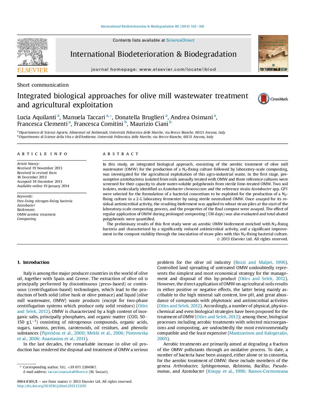 Integrated biological approaches for olive mill wastewater treatment and agricultural exploitation