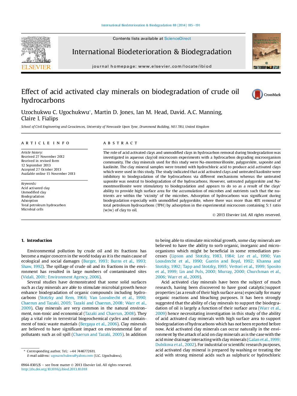 Effect of acid activated clay minerals on biodegradation of crude oil hydrocarbons