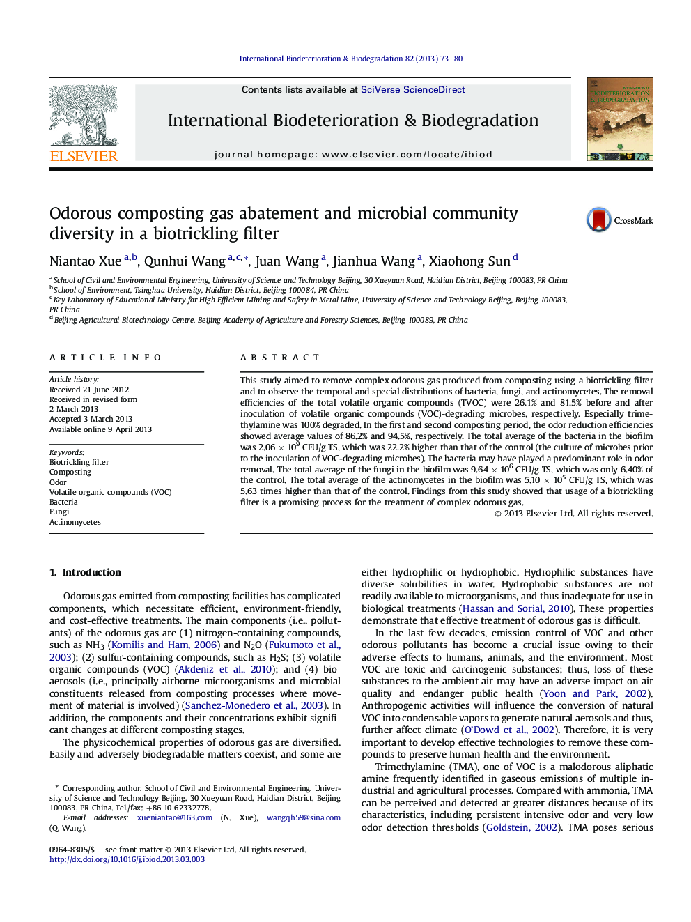 Odorous composting gas abatement and microbial community diversity in a biotrickling filter