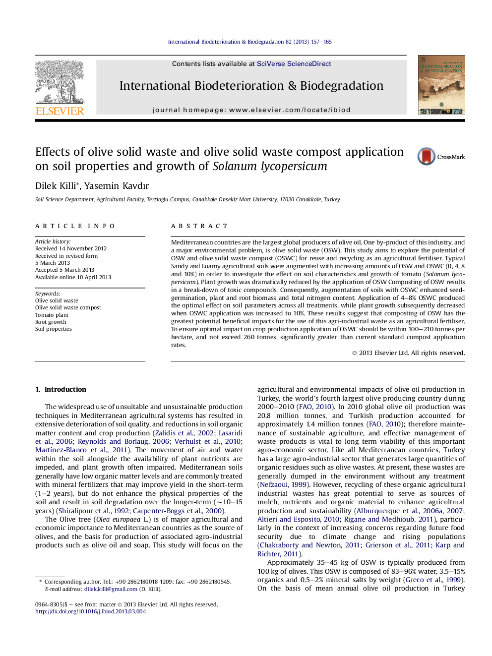 Effects of olive solid waste and olive solid waste compost application on soil properties and growth of Solanum lycopersicum