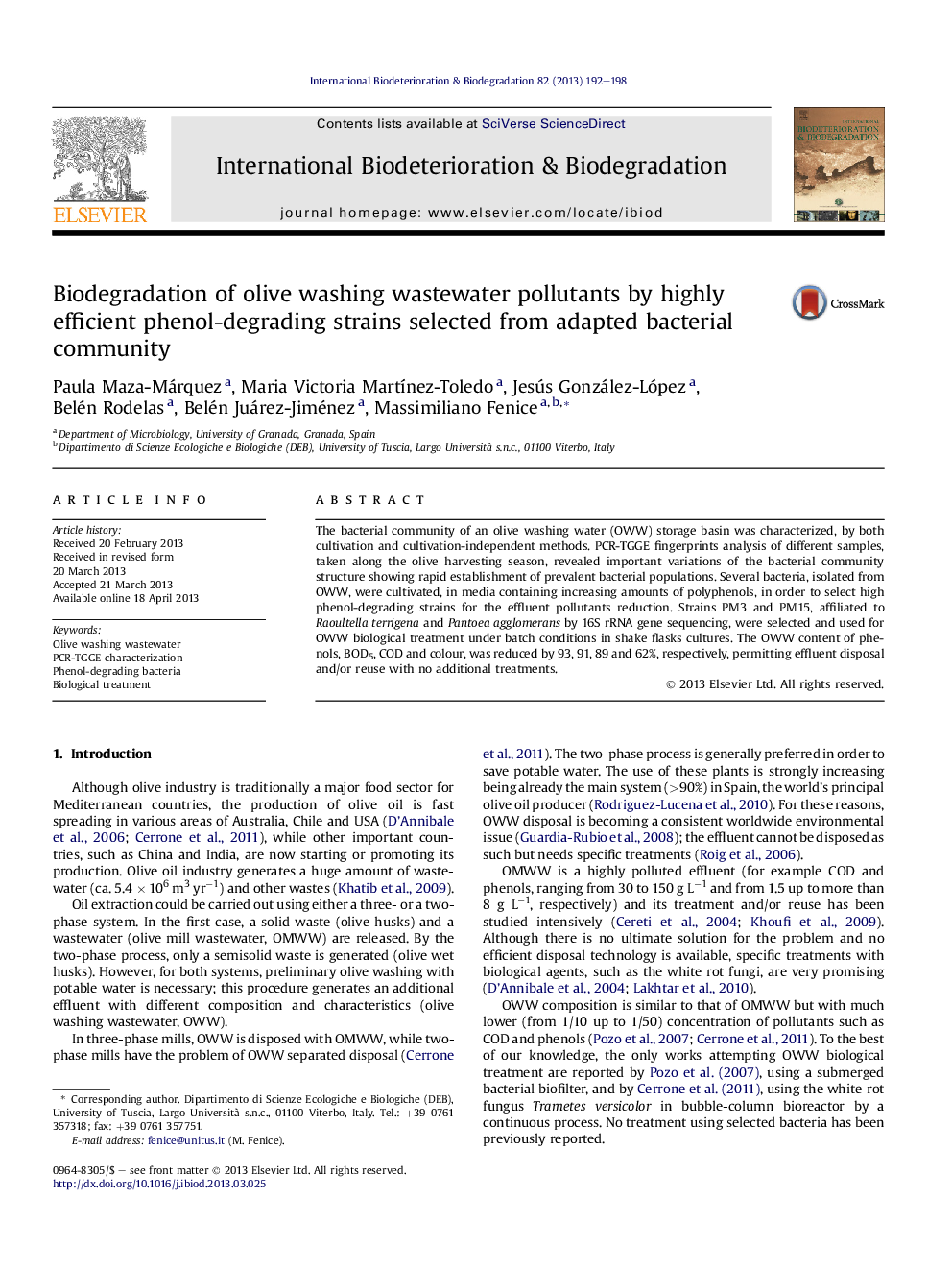 عکس صفحه اول مقاله: Biodegradation of olive washing wastewater pollutants by highly efficient phenol-degrading strains selected from adapted bacterial community Biodegradation of olive washing wastewater pollutants by highly efficient phenol-degrading strains selected from adapted bacterial community