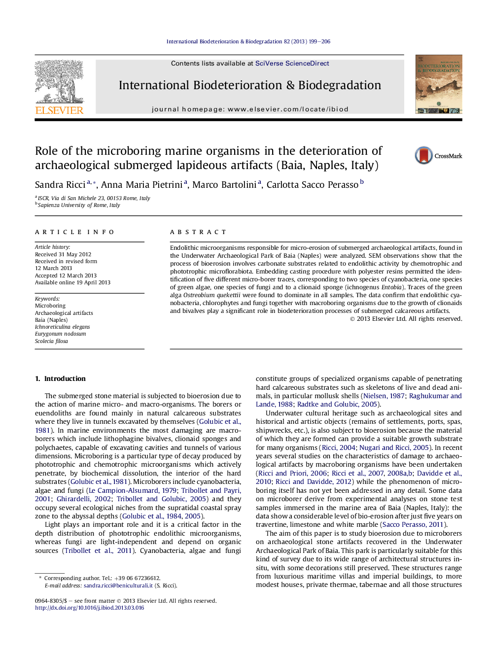 Role of the microboring marine organisms in the deterioration of archaeological submerged lapideous artifacts (Baia, Naples, Italy)