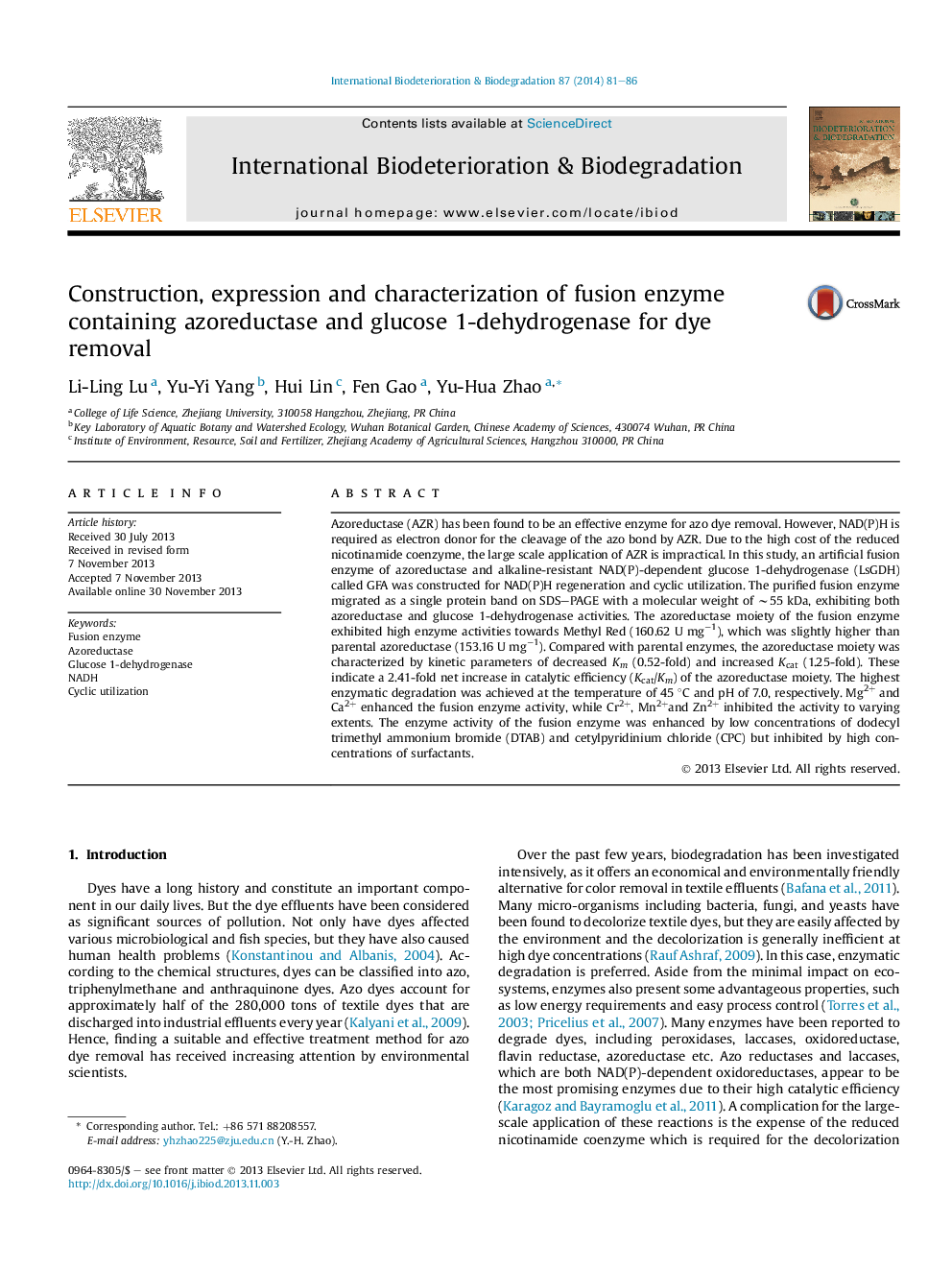 Construction, expression and characterization of fusion enzyme containing azoreductase and glucose 1-dehydrogenase for dye removal