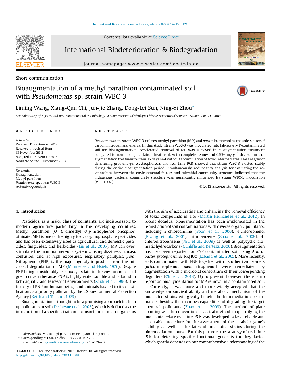 Bioaugmentation of a methyl parathion contaminated soil with Pseudomonas sp. strain WBC-3