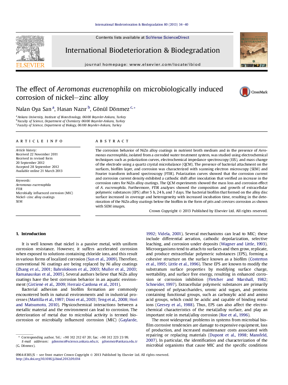 The effect of Aeromonas eucrenophila on microbiologically induced corrosion of nickel–zinc alloy