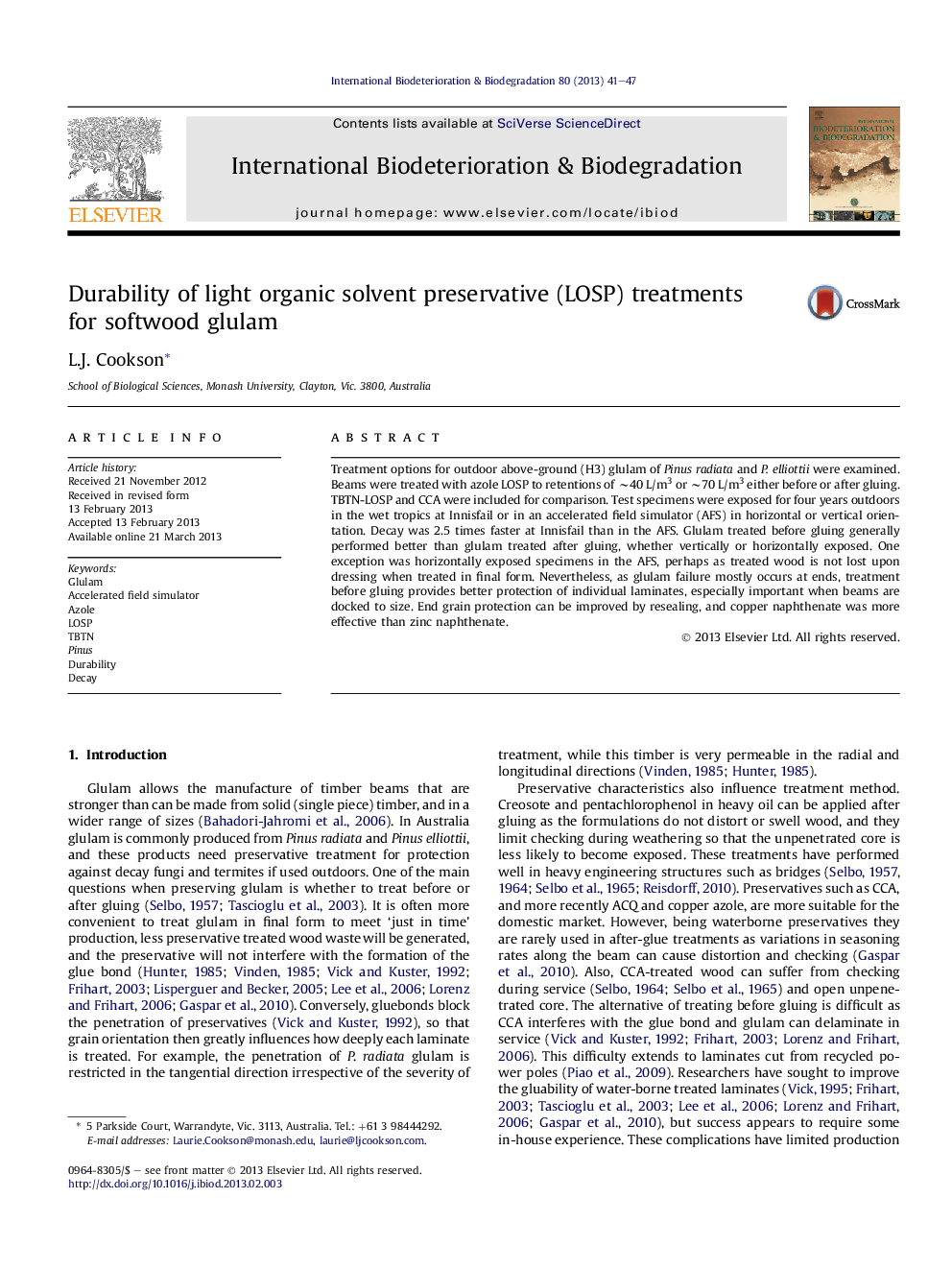 Durability of light organic solvent preservative (LOSP) treatments for softwood glulam