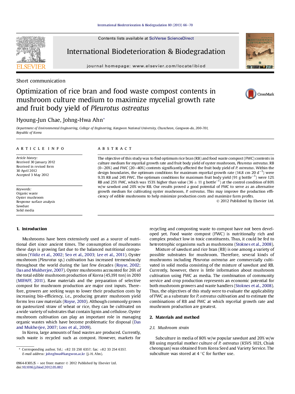 Optimization of rice bran and food waste compost contents in mushroom culture medium to maximize mycelial growth rate and fruit body yield of Pleurotus ostreatus