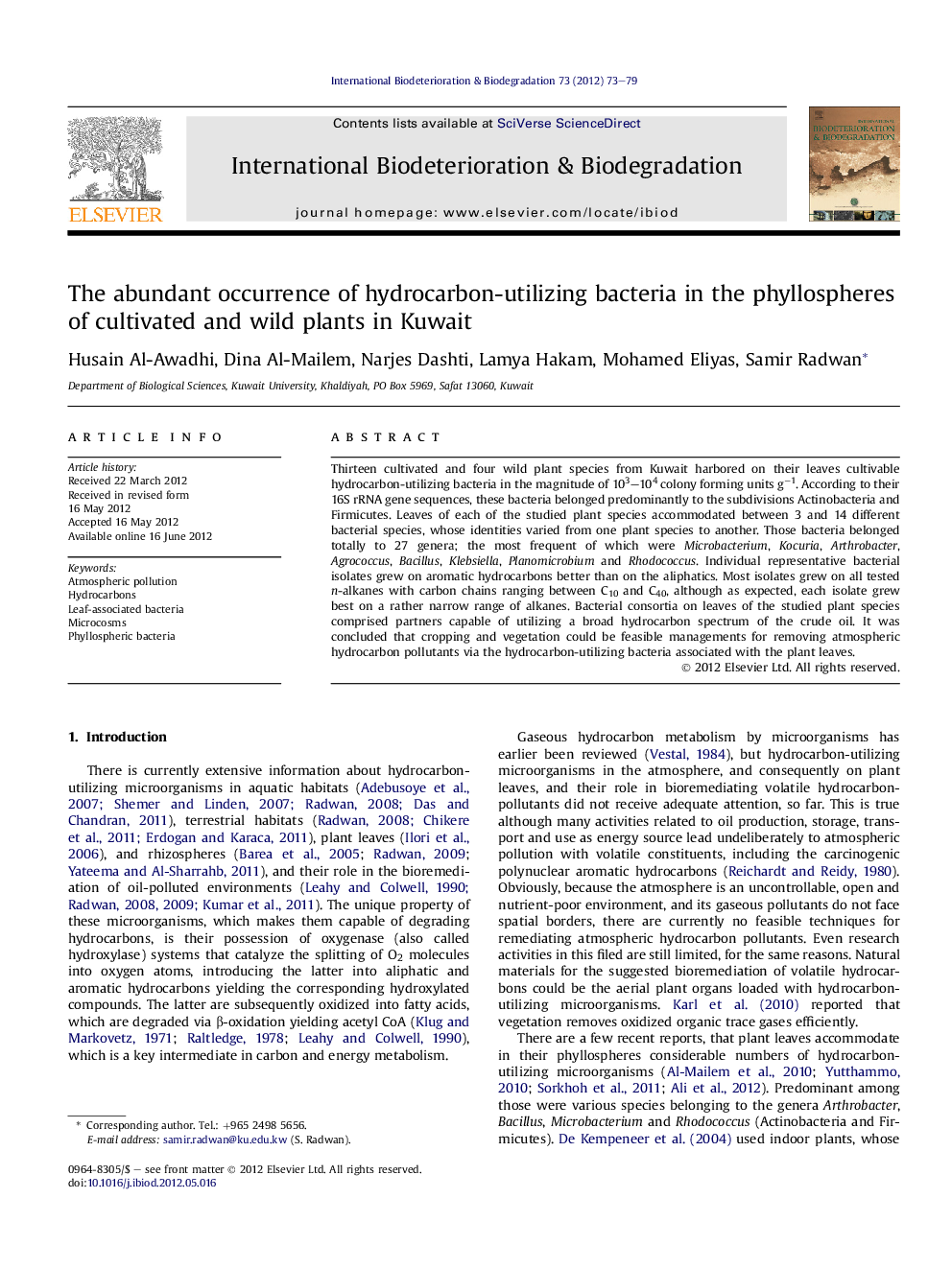 The abundant occurrence of hydrocarbon-utilizing bacteria in the phyllospheres of cultivated and wild plants in Kuwait