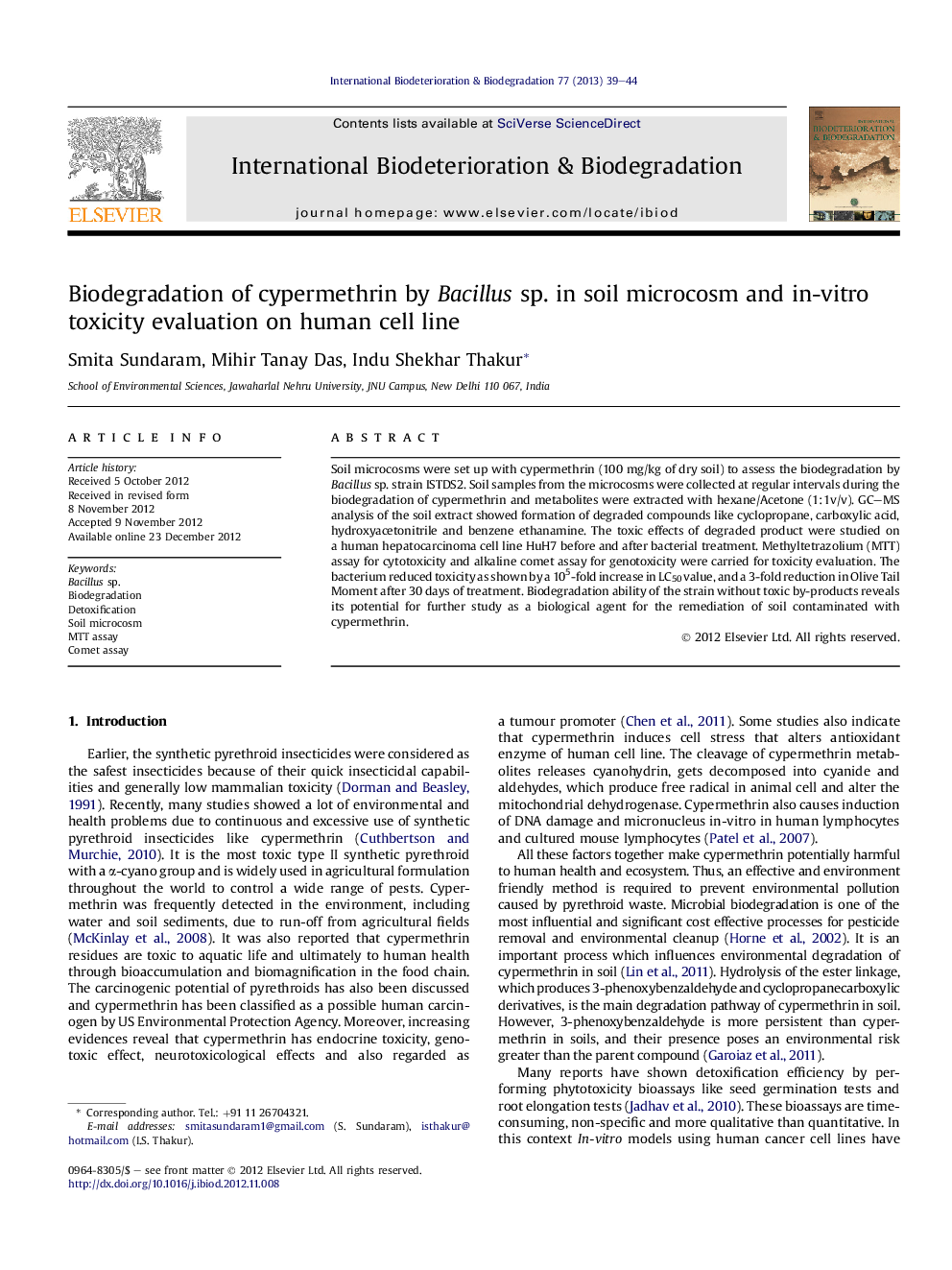 Biodegradation of cypermethrin by Bacillus sp. in soil microcosm and in-vitro toxicity evaluation on human cell line