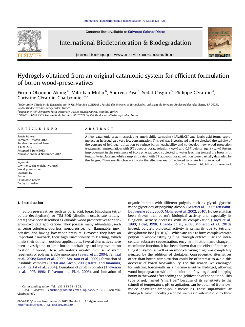 Hydrogels obtained from an original catanionic system for efficient formulation of boron wood-preservatives