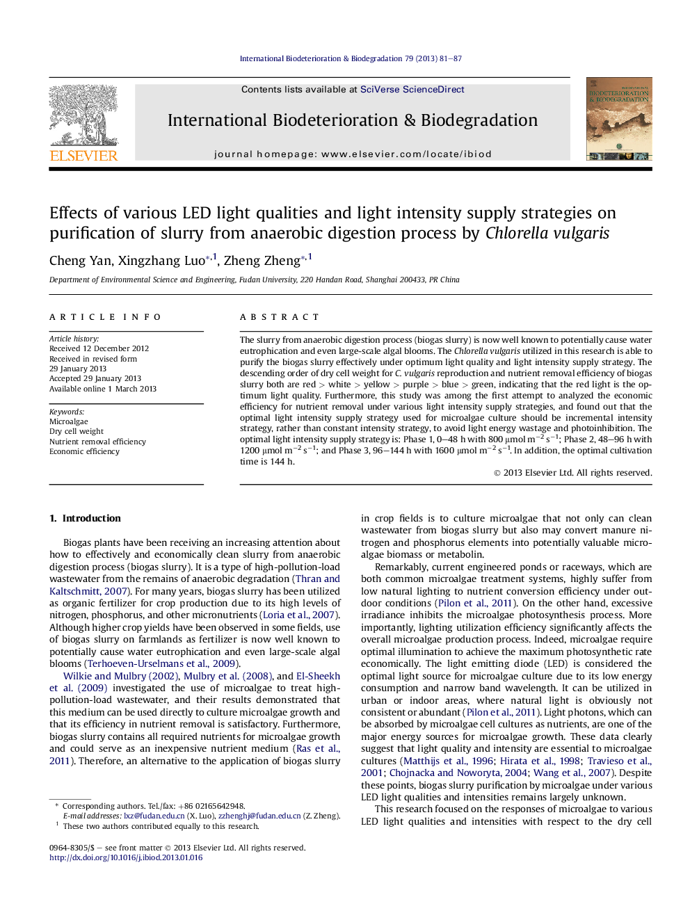 Effects of various LED light qualities and light intensity supply strategies on purification of slurry from anaerobic digestion process by Chlorella vulgaris