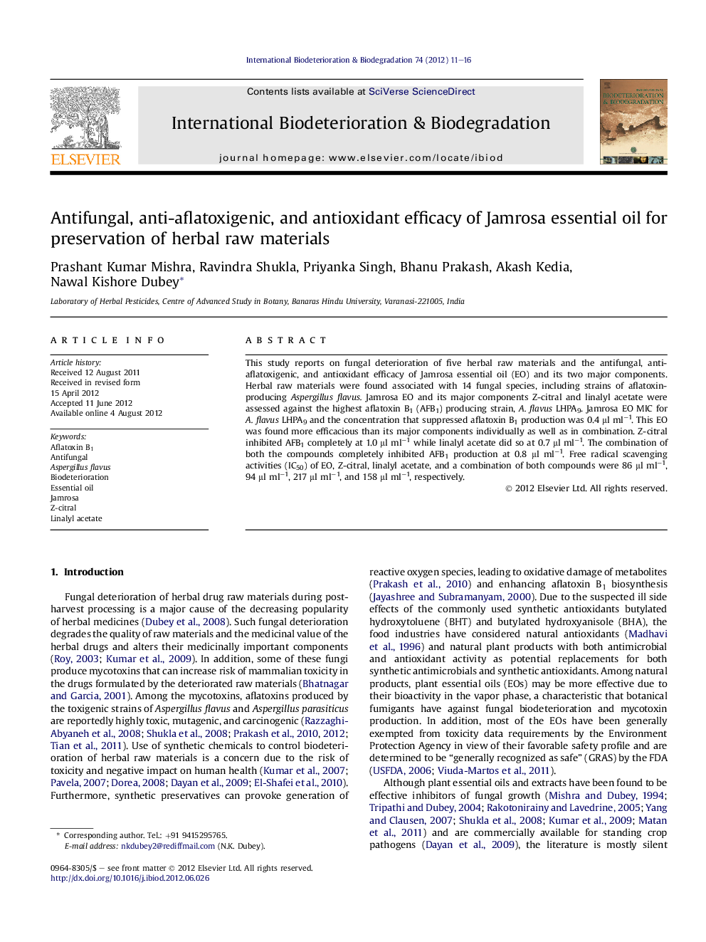 Antifungal, anti-aflatoxigenic, and antioxidant efficacy of Jamrosa essential oil for preservation of herbal raw materials