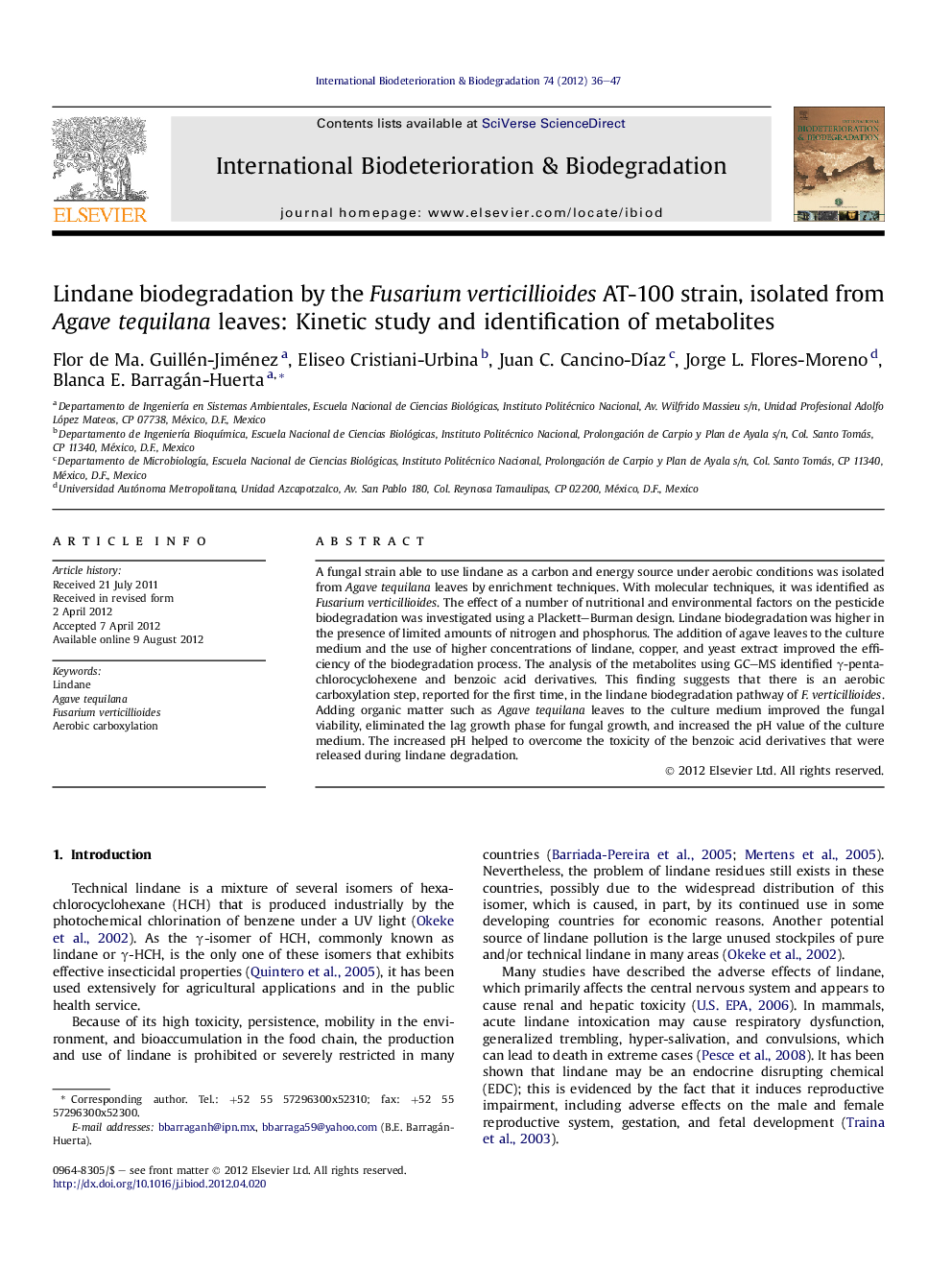 Lindane biodegradation by the Fusarium verticillioides AT-100 strain, isolated from Agave tequilana leaves: Kinetic study and identification of metabolites