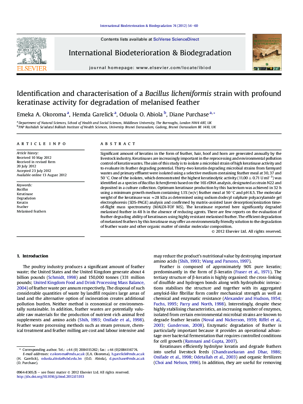 Identification and characterisation of a Bacillus licheniformis strain with profound keratinase activity for degradation of melanised feather