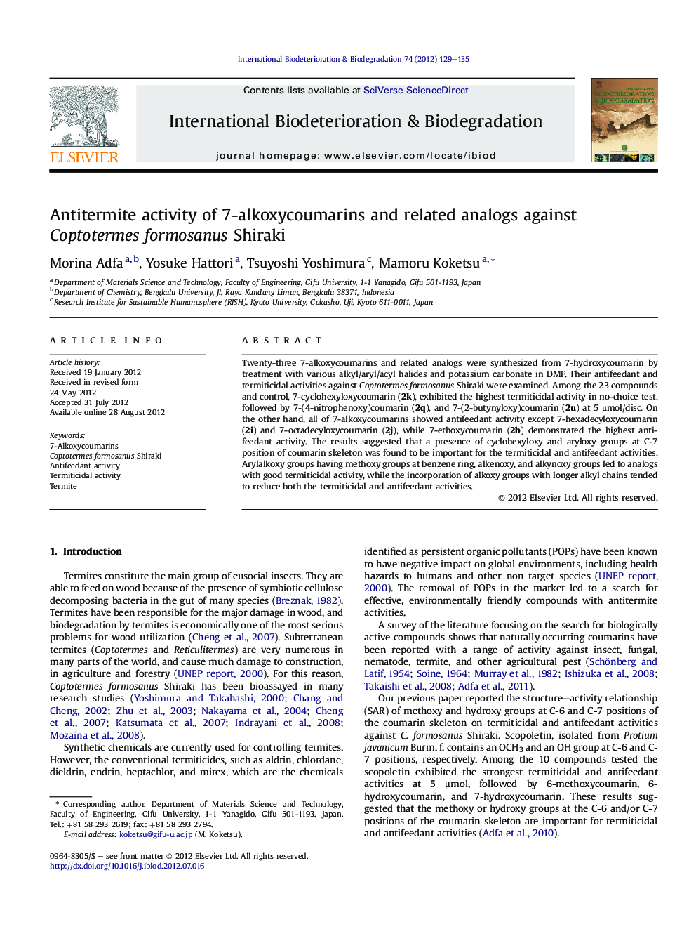 Antitermite activity of 7-alkoxycoumarins and related analogs against Coptotermes formosanus Shiraki