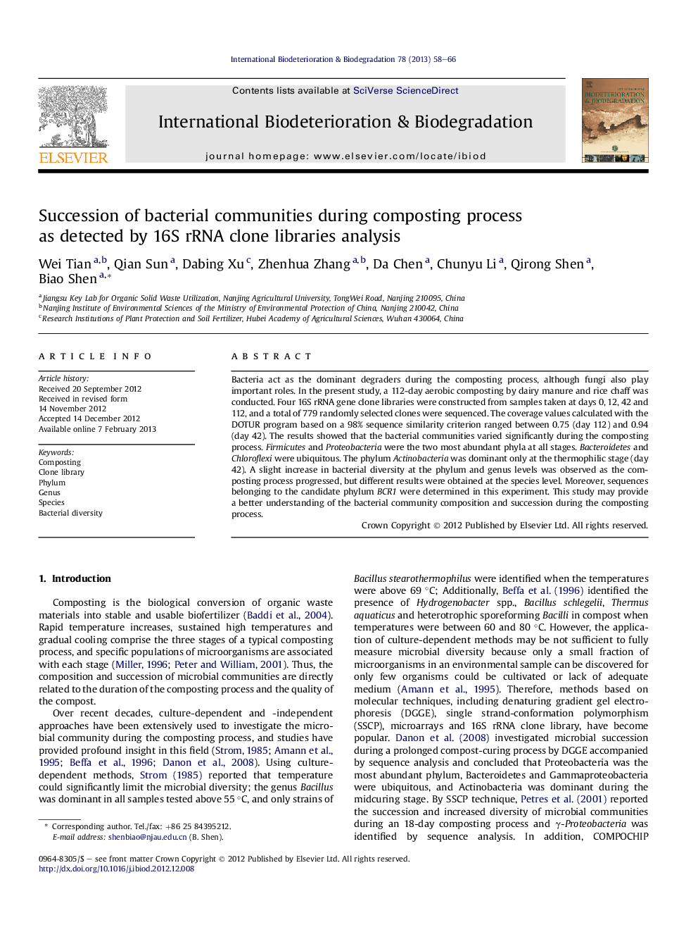 Succession of bacterial communities during composting process as detected by 16S rRNA clone libraries analysis