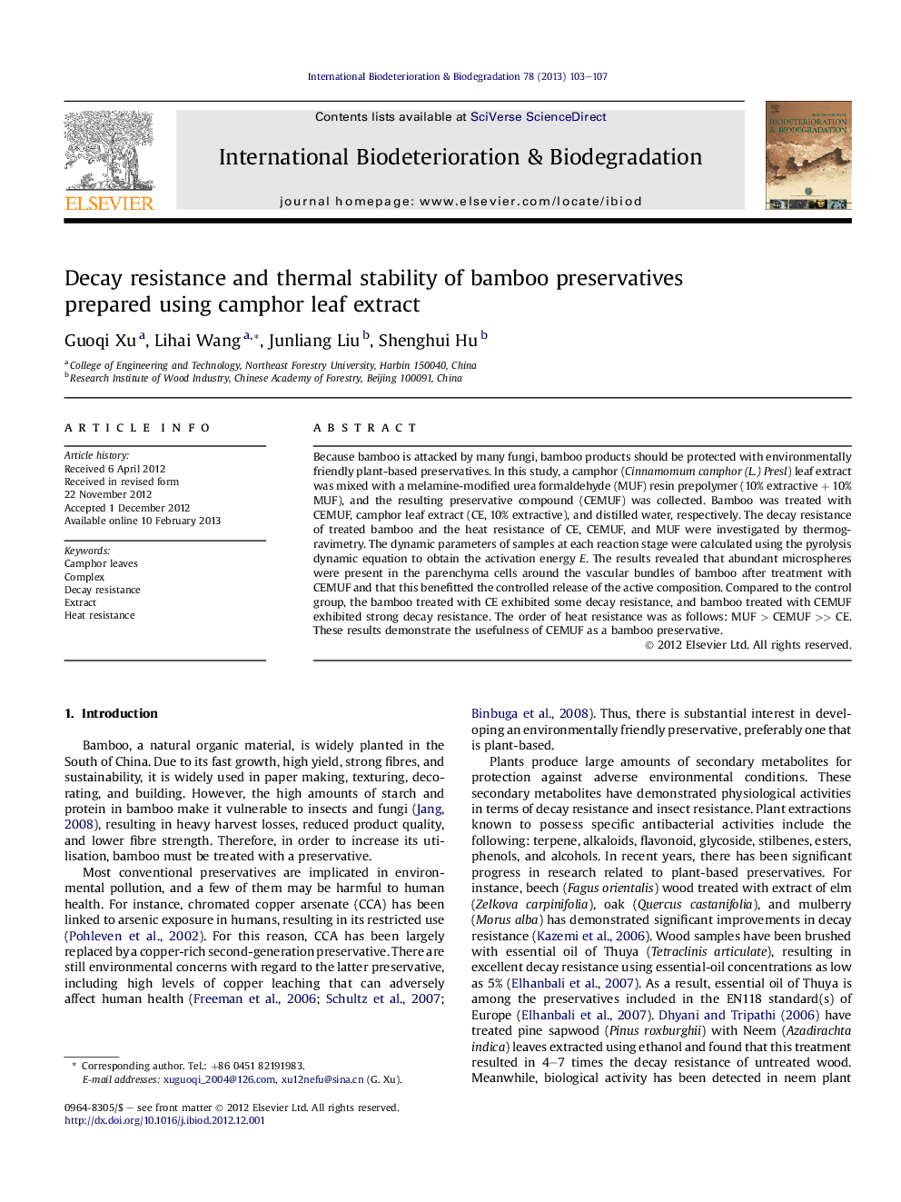 Decay resistance and thermal stability of bamboo preservatives prepared using camphor leaf extract