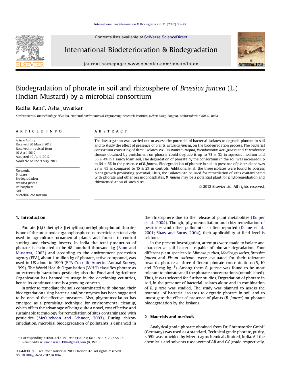 Biodegradation of phorate in soil and rhizosphere of Brassica juncea (L.) (Indian Mustard) by a microbial consortium