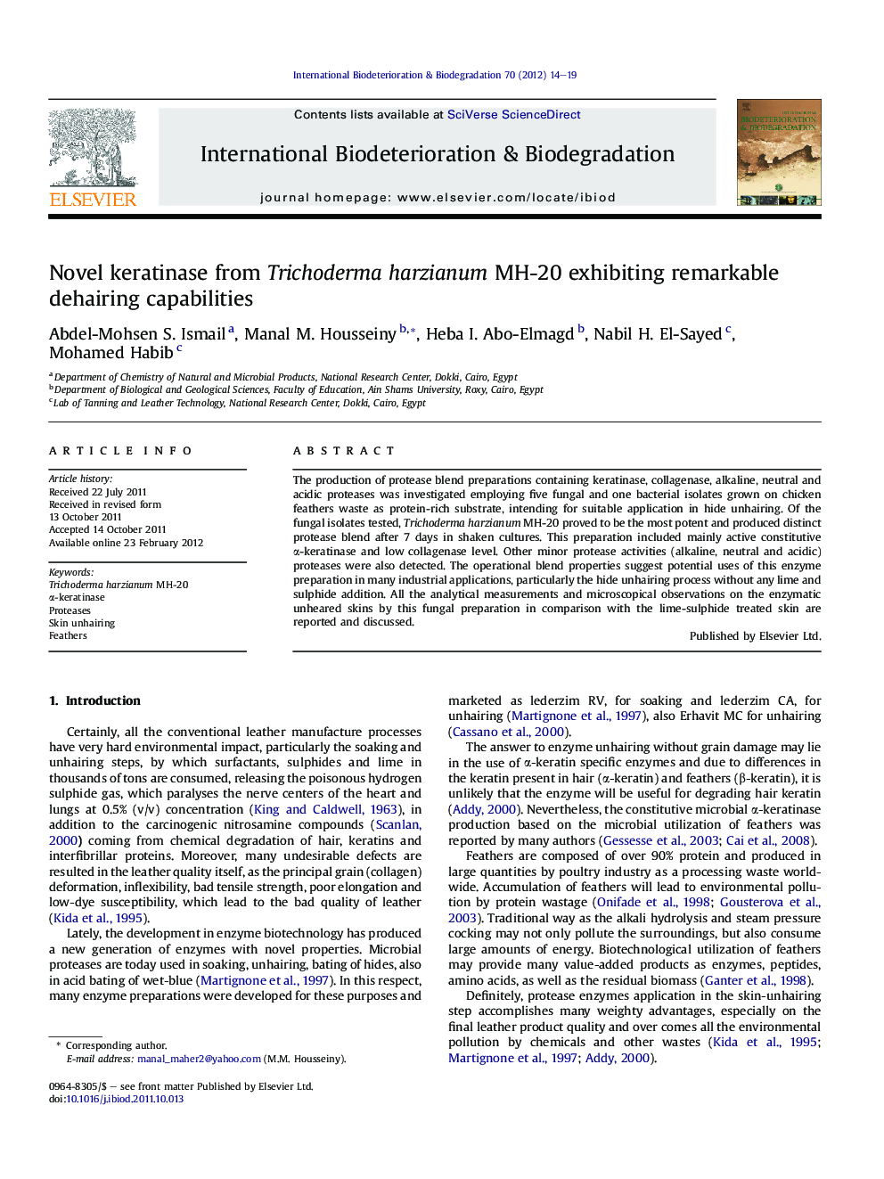 Novel keratinase from Trichoderma harzianum MH-20 exhibiting remarkable dehairing capabilities