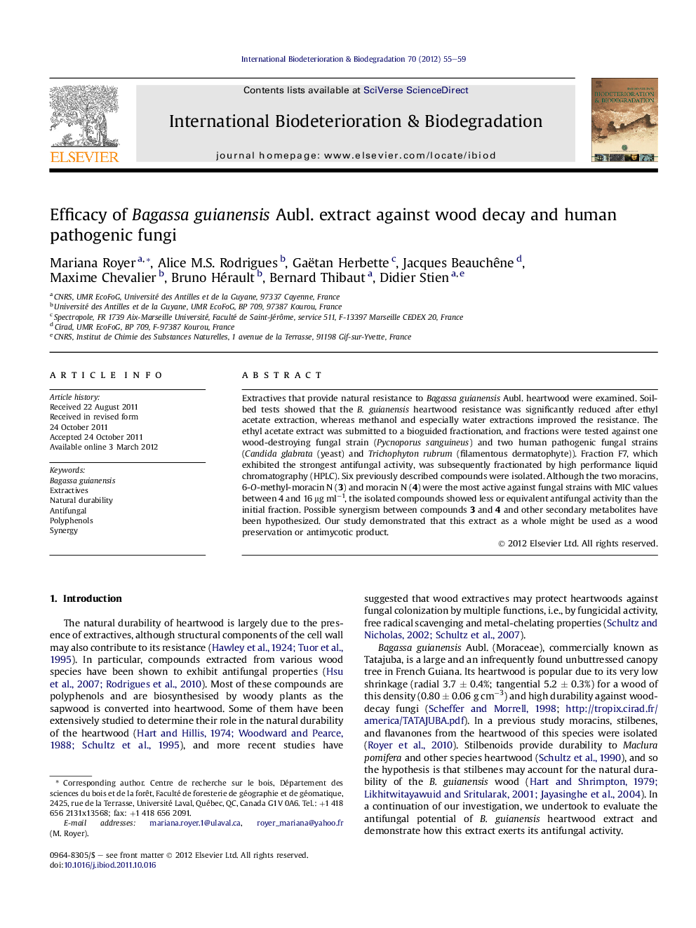 Efficacy of Bagassa guianensis Aubl. extract against wood decay and human pathogenic fungi